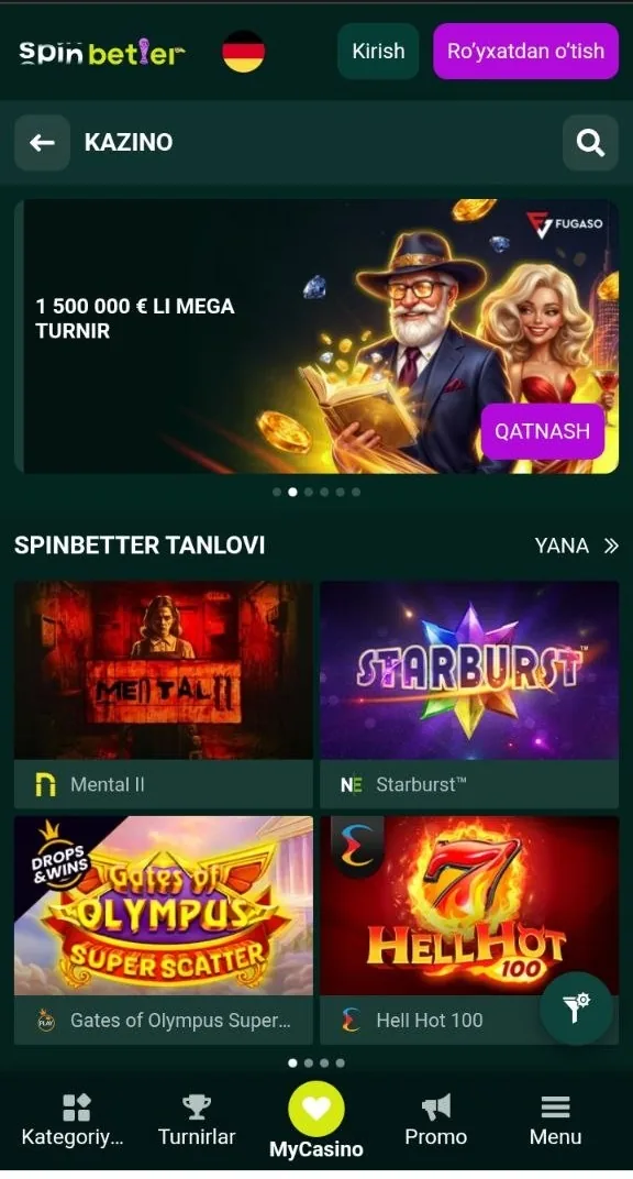 SpinBetter kazino lobbisi — slotlar va jonli stollar boʻlimi