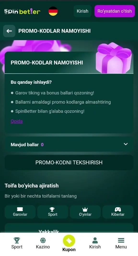 SpinBetter promokodi — anketadagi kod maydoni va nusxalash tugmasi